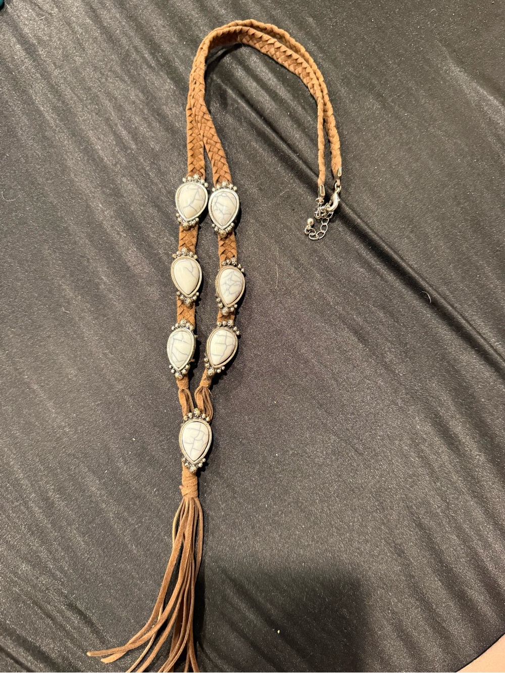 Boho Brown Braided Tassel Necklace with White Stone Accents